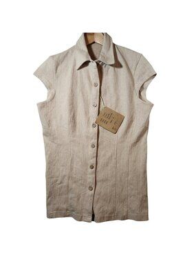 The Earth Collection Womens Cotton Herringbone Sleeveless Button‎ Up Top Beige L